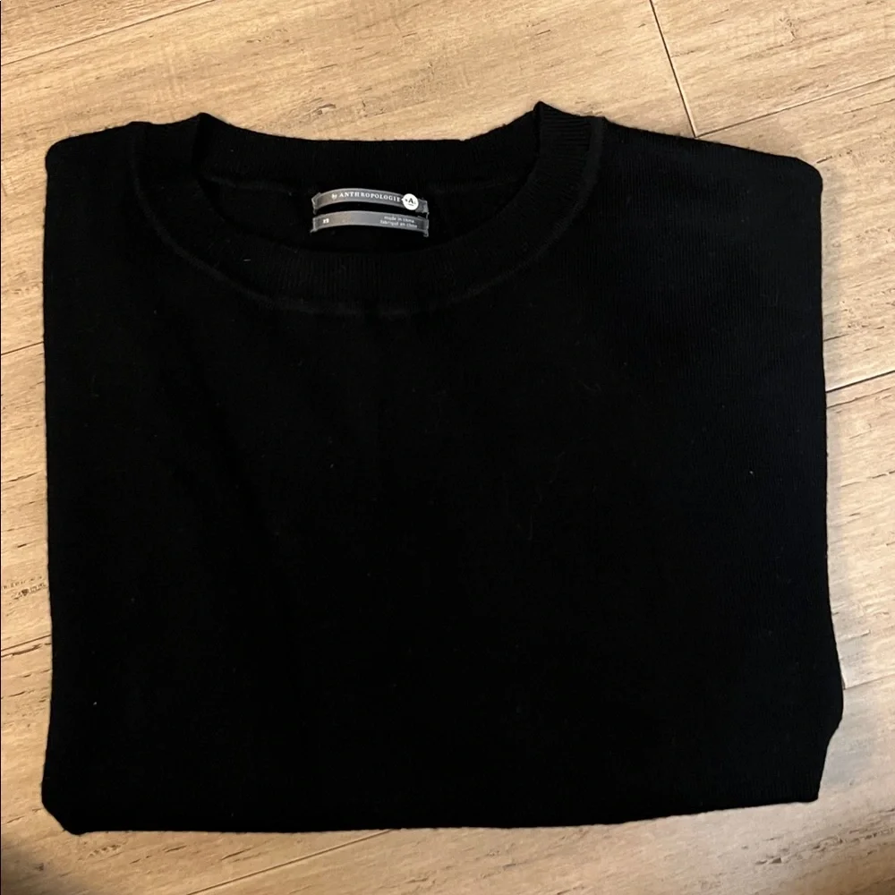 By Anthropologie Sweater Women's XS Black Merino Wool Short Sleeve Boxy Pullover - Picture 6 of 6